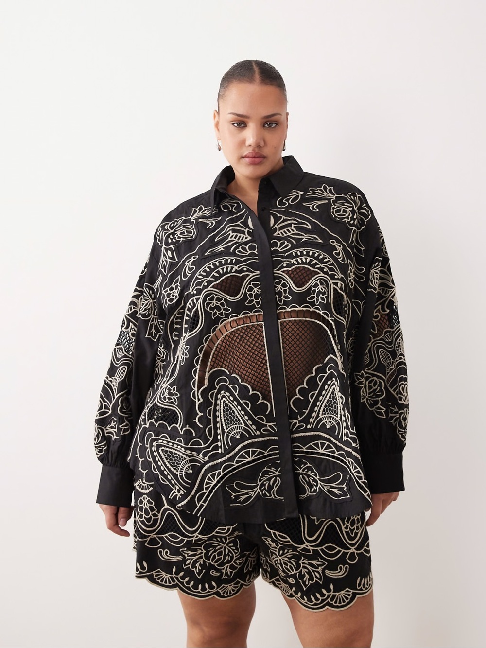 ARRANGE Curve embroidered cutwork cotton shirt in black and cream plus size 20